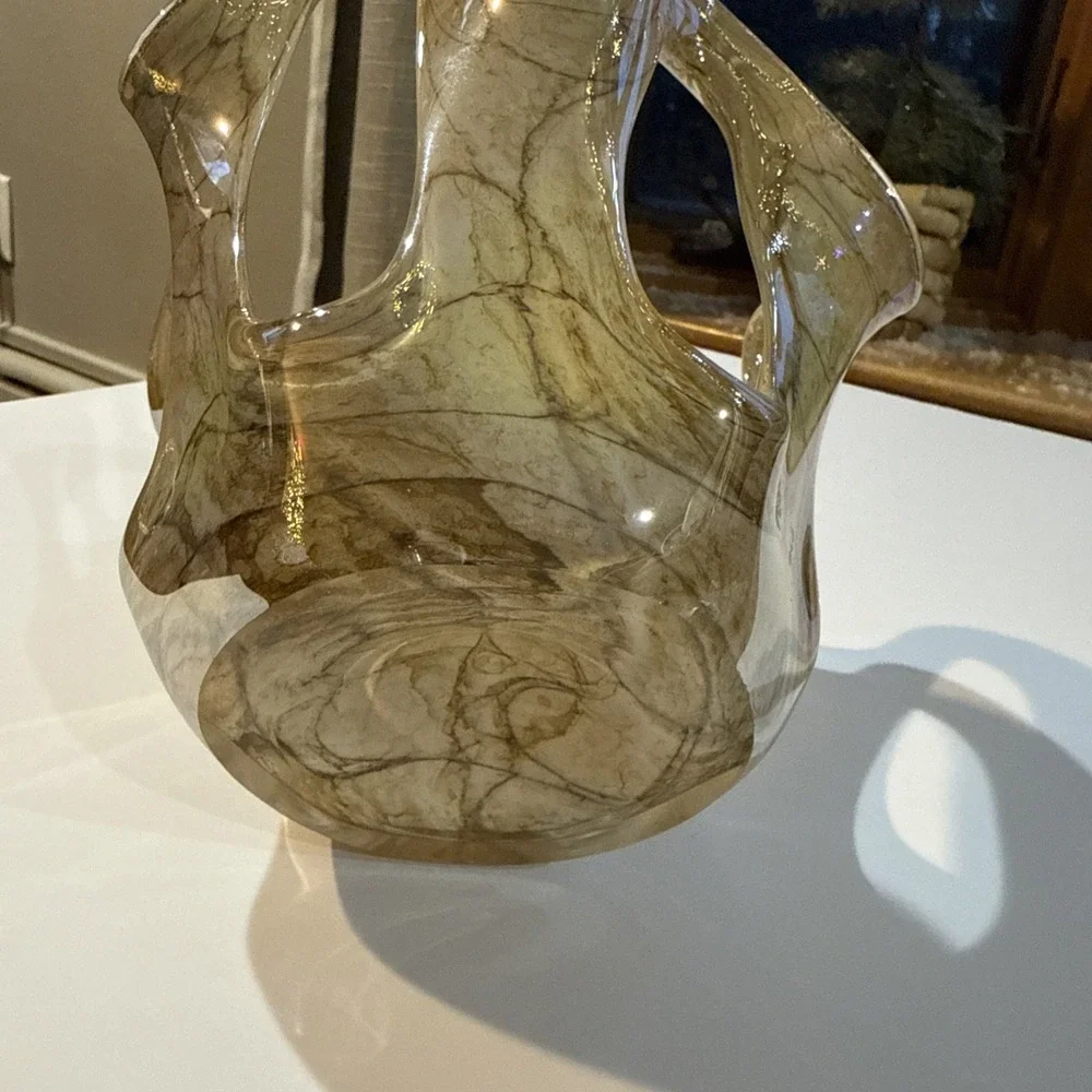Vtg MAKORA KROSNO Hand Blown Art Glass Vase Earthtones Stone Look Iridescent